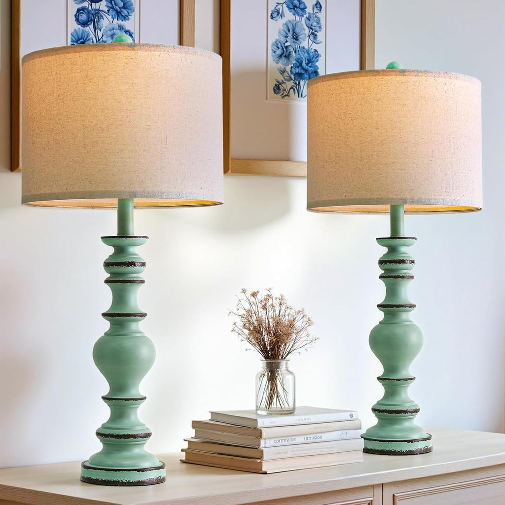 BOBOMOMO 27" Distressed Teal Table Lamps Set of 2, Large Coastal Farmhouse Resin Lamps with Linen Shades, Blue Green Lamps for Living…