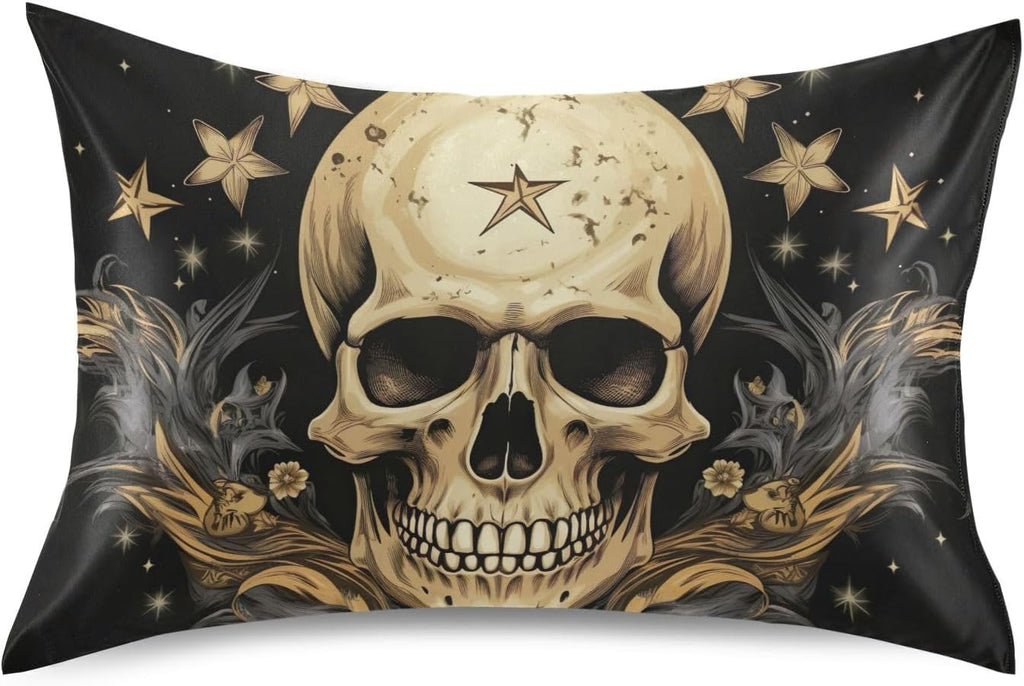YETTASBIN Skull Star Satin Pillowcase, Soft Breathable Silk Pillow Case with Envelope Closure for Hair and Skin, Standard Size 26 x 20 Inch