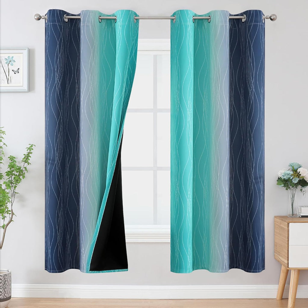 Estelartextiler Estelar Textiler Navy Blue and Teal Blackout Curtains for Living Room, Full Room Darkening Grommet Ombre Curtains for Bedro…