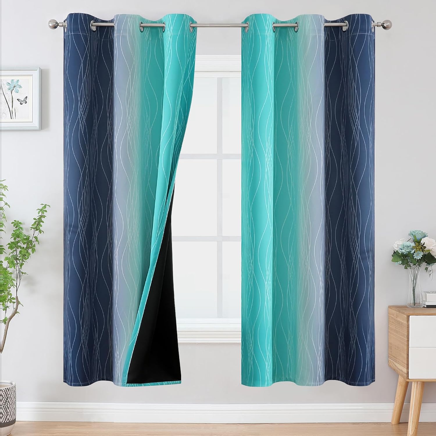 Estelartextiler Estelar Textiler Navy Blue and Teal Blackout Curtains for Living Room, Full Room Darkening Grommet Ombre Curtains for Bedro…