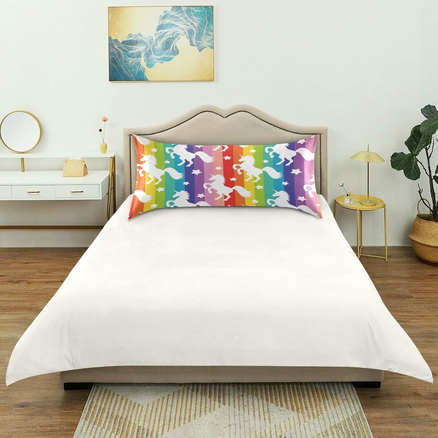 Blueangle Rainbow Stripe Unicorn Star Satin Pillowcase for Hair and Skin Silk Pillowcase, Standard Size(20x26 inches) - Satin Pillow…