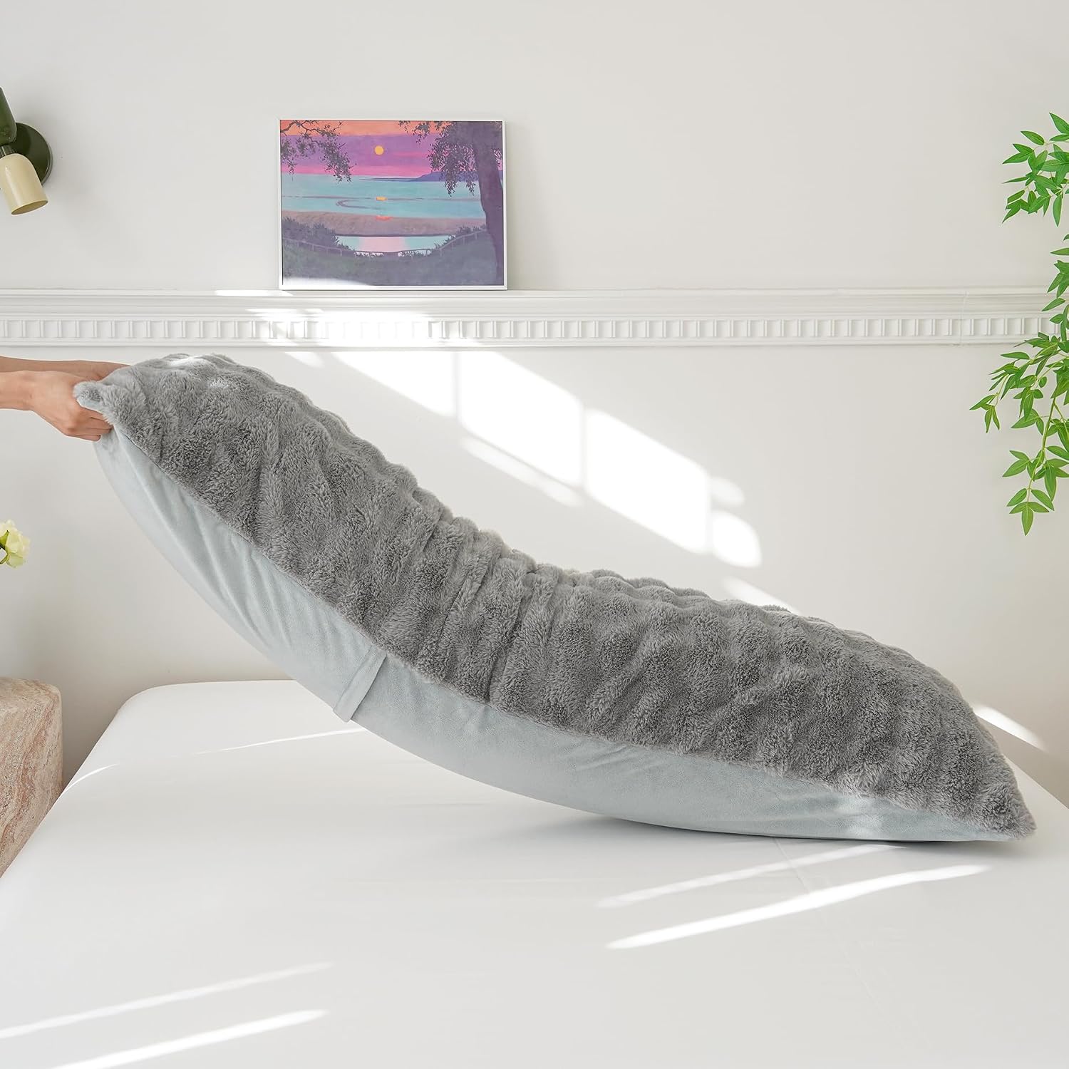 Memfydu Full Body Pillow with Fluffy Bubble Waffle Carved Faux Fur Removable Cover, Long Bed Pillow Adult 20x54 Inches for Side Sleeper and…