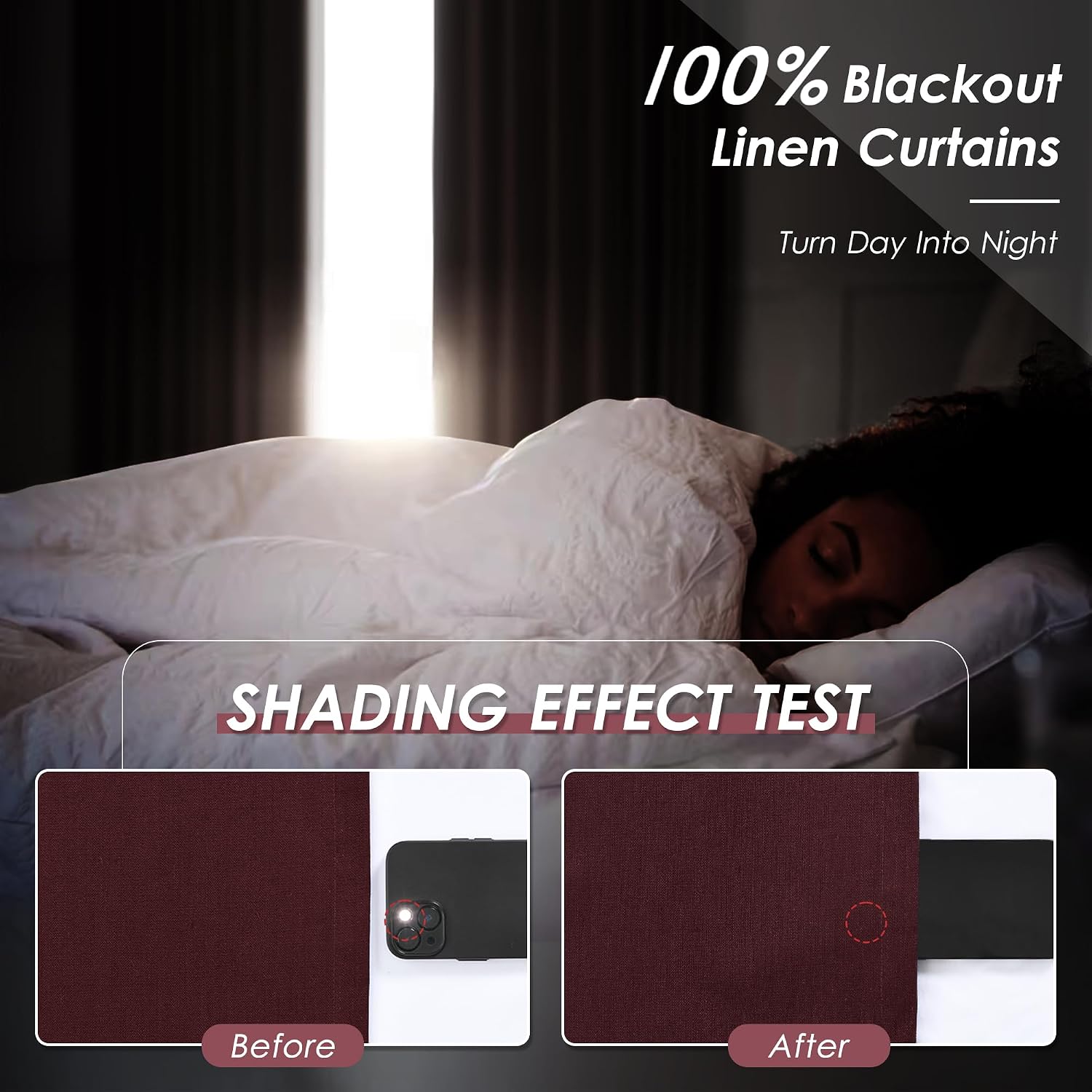 Nanspring Burgundy 100% Blackout Linen Curtains for Bedroom 90 Inches Long Back Tab Thermal Insulated Vintage Rustic Decor Black Out Curtai…