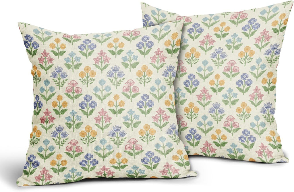 Spring Floral Easter Block Print Pillow Covers 24x24 Inch Set of 2, Pink Yellow Blue Purple Flower Holiday Decorative Throw Pillowcases…