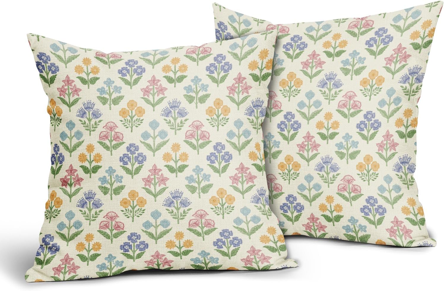 Spring Floral Easter Block Print Pillow Covers 24x24 Inch Set of 2, Pink Yellow Blue Purple Flower Holiday Decorative Throw Pillowcases…