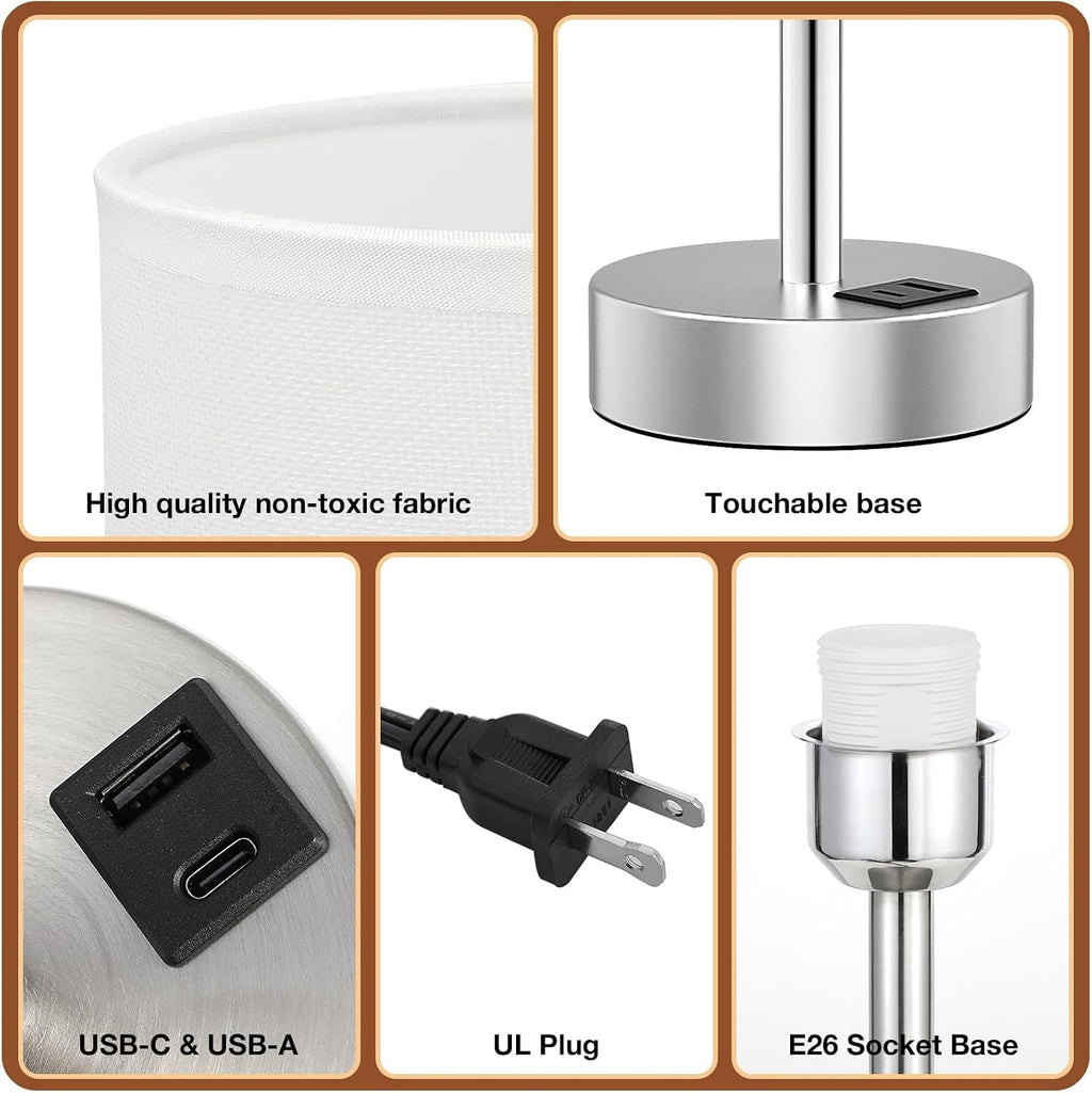 Dicoool White Touch Bedside Lamp with USB - 3 Way Dimmable Table Lamp for Bedroom, Nightstand Lamp with Nickel Charging Station and…