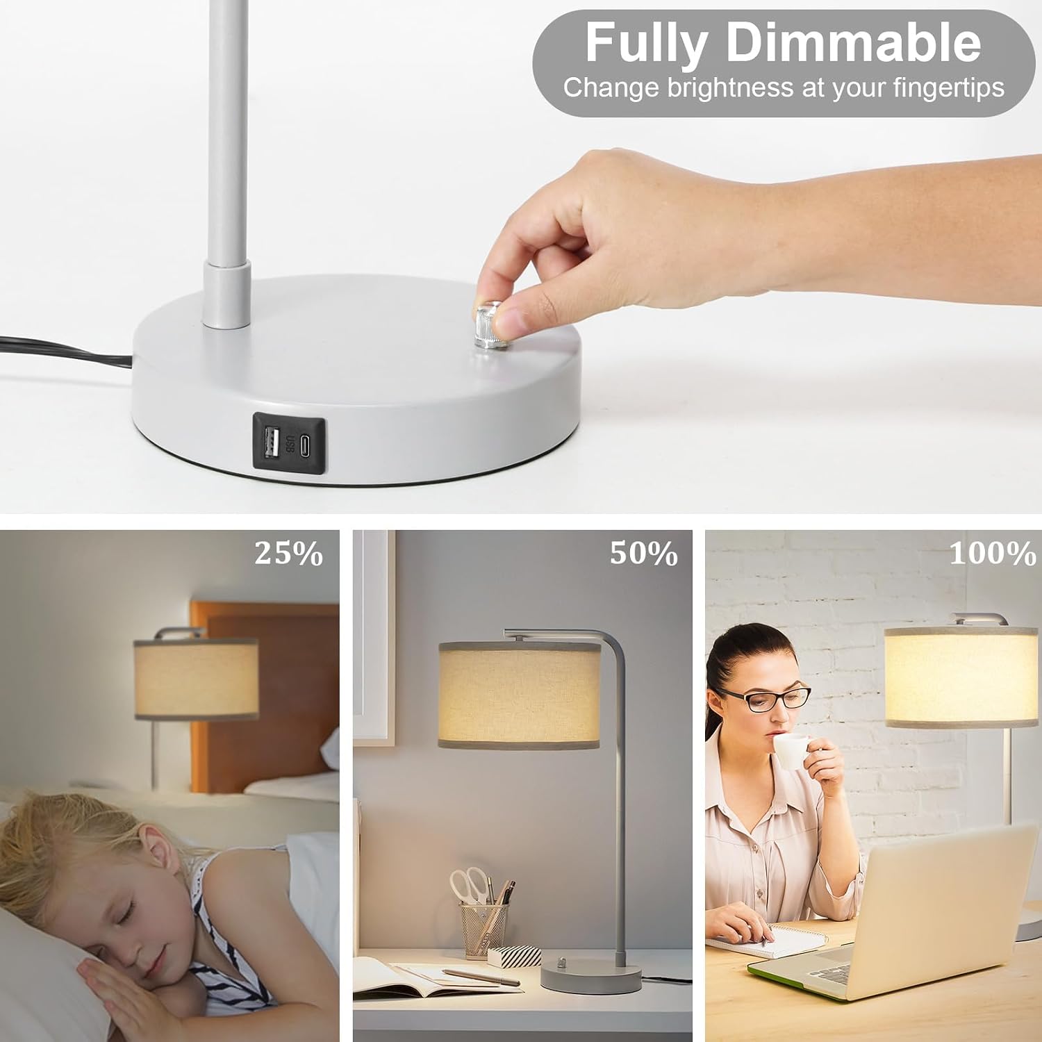 Table Lamp with USB C+A Ports, Fully Dimmable Nightstand Lamp for Living Room, Modern Grey Bedside Lamp, Tall Table Lamp with Beige Shade…