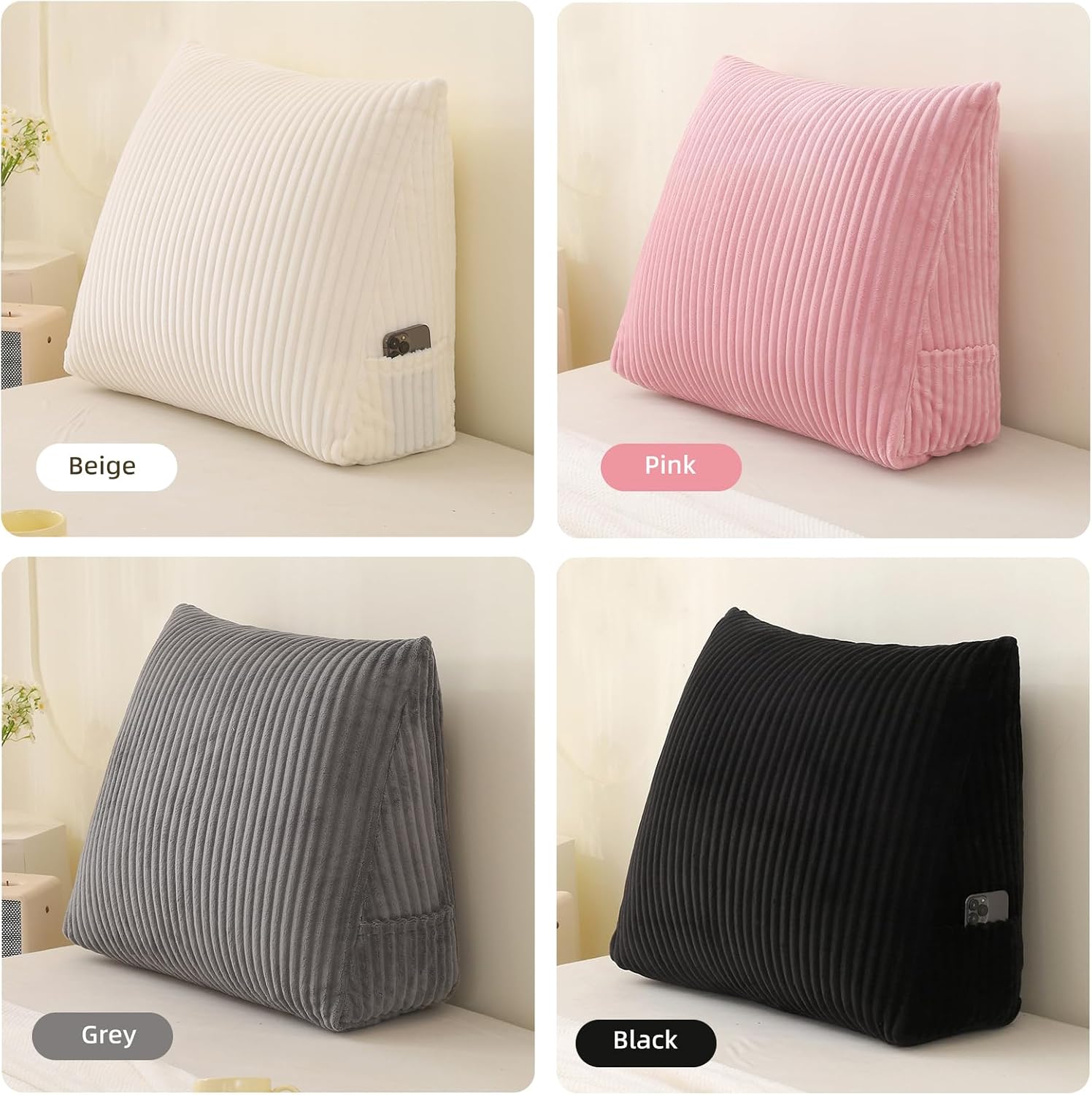Corduroy Wedge Reading Pillow for Bed, 3 Sizes, 4 Colors for Bed, Sofa, Office Chair (White, Large 24 * 20 * 8in)