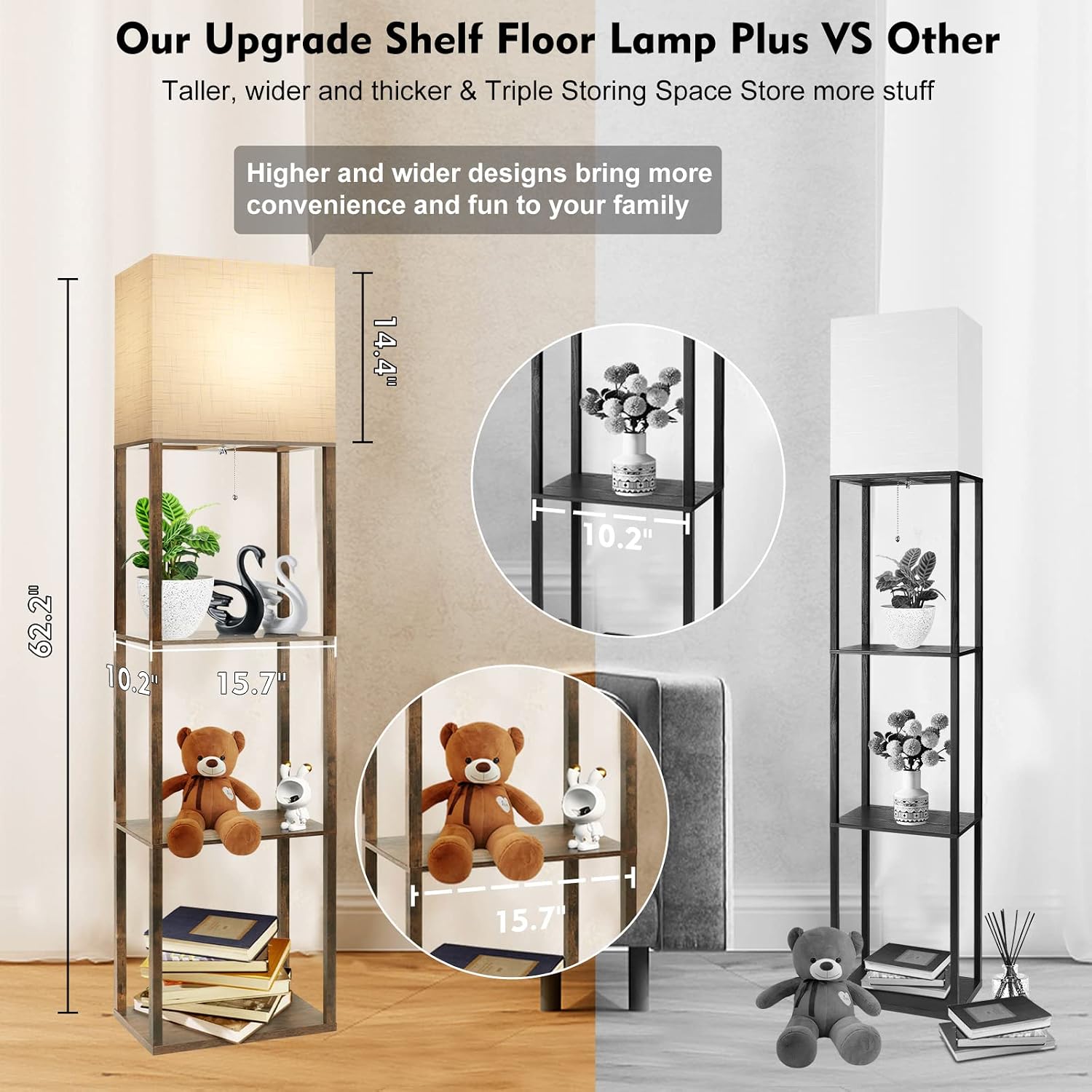 RUNTOP Plus Floor Lamp with Shelves, Modern Shelf Floor Lamp with 15W 3CCT LED Bulb and Memory Function, Wide Shelf Lamp for Display…