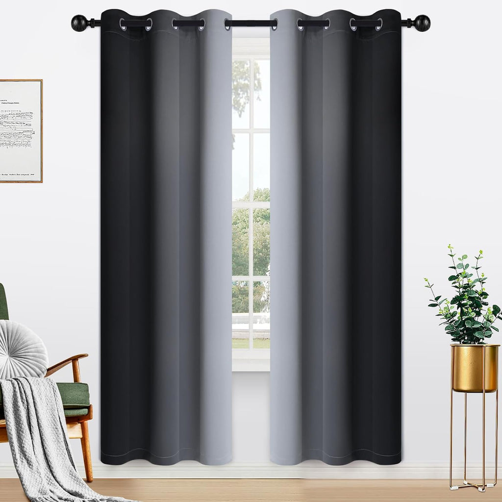 Yakamok Light Blocking Ombre Curtains, Greyish White and Black Gradient Color Curtains, Room Darkening Grommet Window Drapes for Bedroom(Bl…