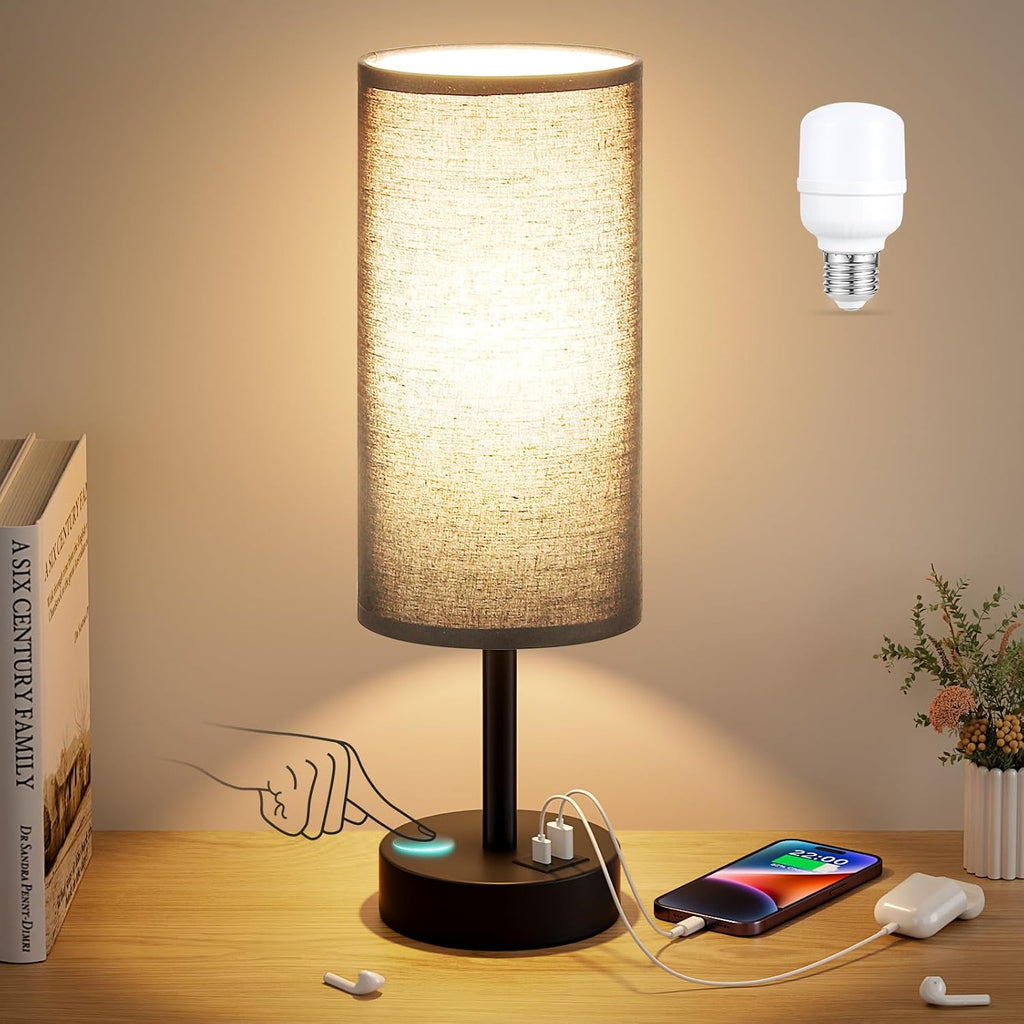 Dicoool Black Touch Bedroom Lamp with USB - 3 Way Dimmable Table Lamp for Bedroom, Nightstand Lamp with Black Charging Station for Desk…