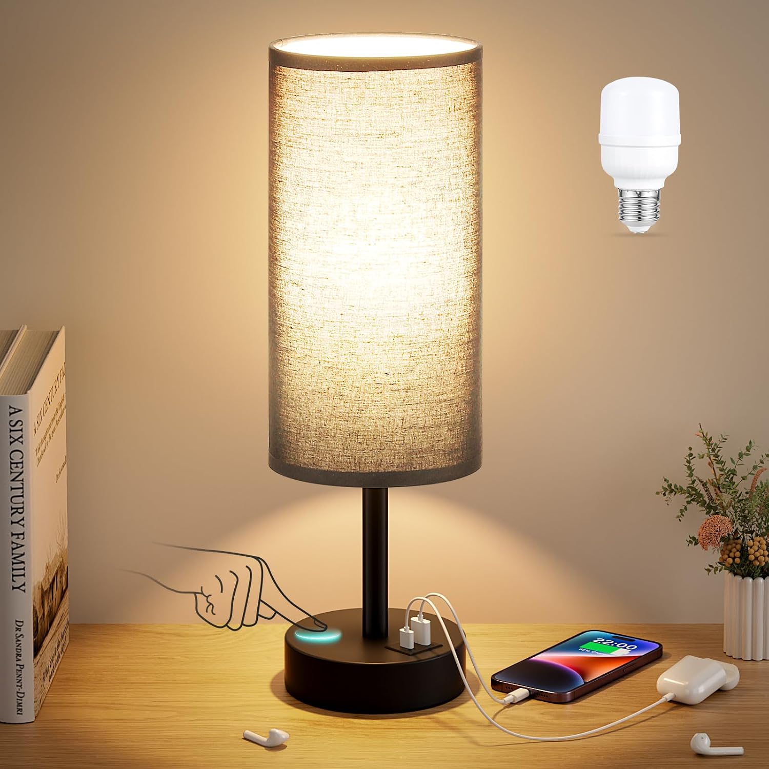 Dicoool Black Touch Bedroom Lamp with USB - 3 Way Dimmable Table Lamp for Bedroom, Nightstand Lamp with Black Charging Station for Desk…