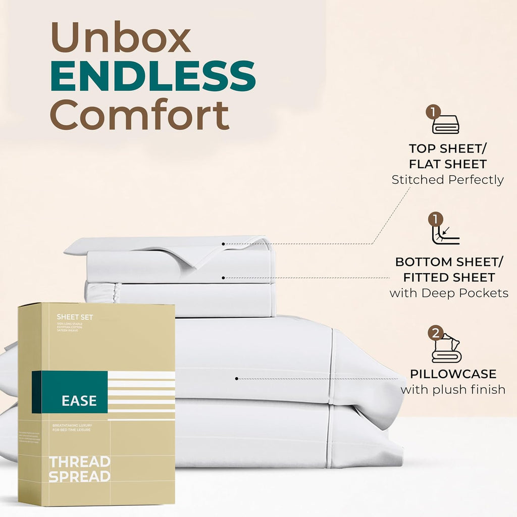 THREAD SPREAD Egyptian Cotton Sheets Queen Size – 300 Series 16" Deep Pocket 100% Cotton Queen Sheet Set (4 PC, White), Soft, Cooling…