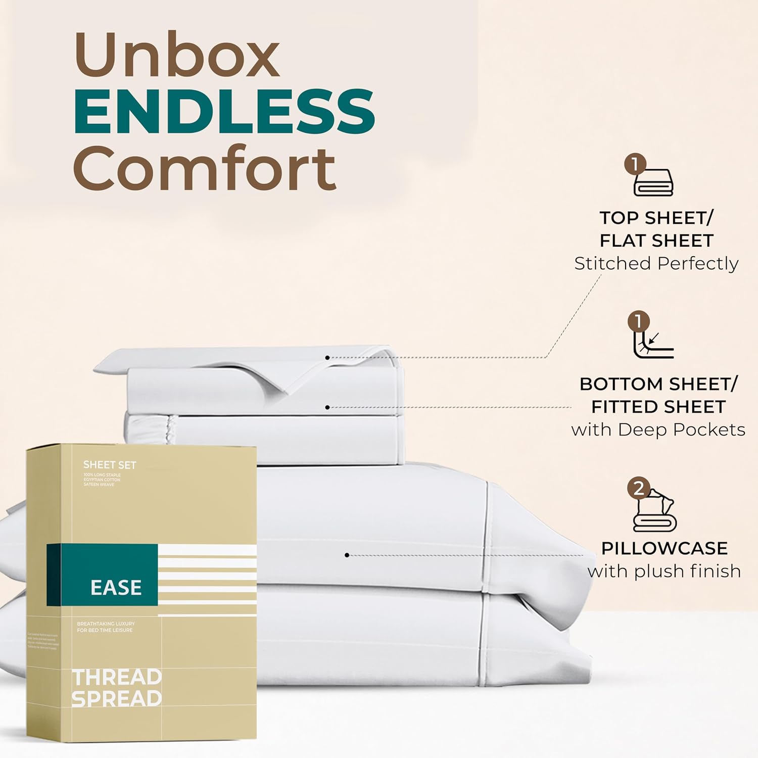 THREAD SPREAD Egyptian Cotton Sheets Queen Size – 300 Series 16" Deep Pocket 100% Cotton Queen Sheet Set (4 PC, White), Soft, Cooling…