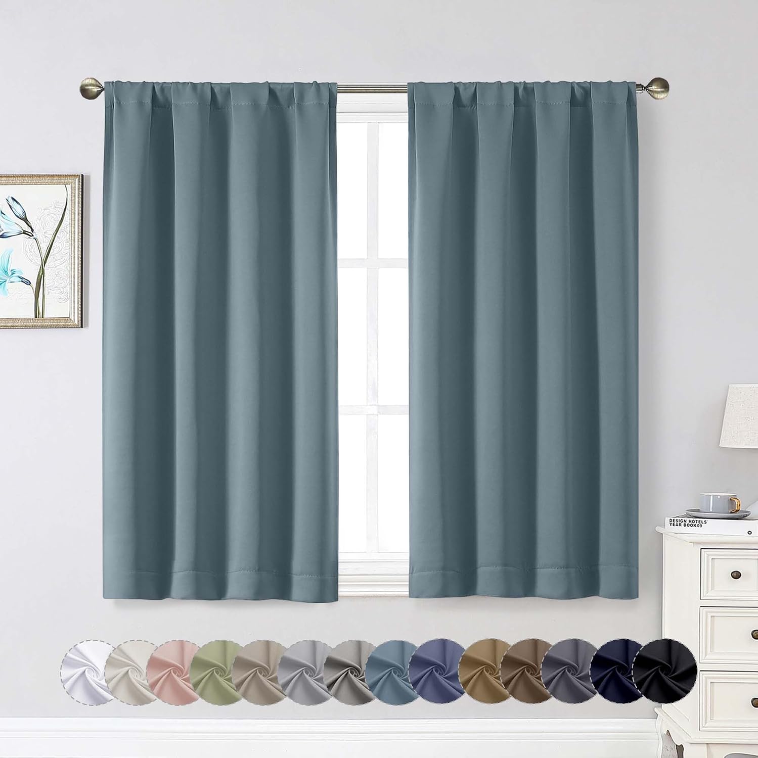 WelvetBLK Stone Blue Room Darkening Curtains for Bedroom Living Room 45 Inch Length 2 Panels Set, Soft Solid Thermal Insulated Rod Pocket S…
