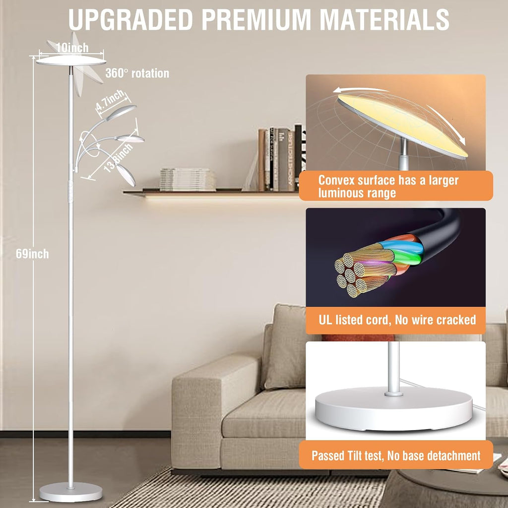 Marctronic White Floor Lamps for Living Room, 44W/4500LM Super Bright 2 in 1 LED Floor Lamp with Remote, Stepless Dimmable, 69" Tall Standi…
