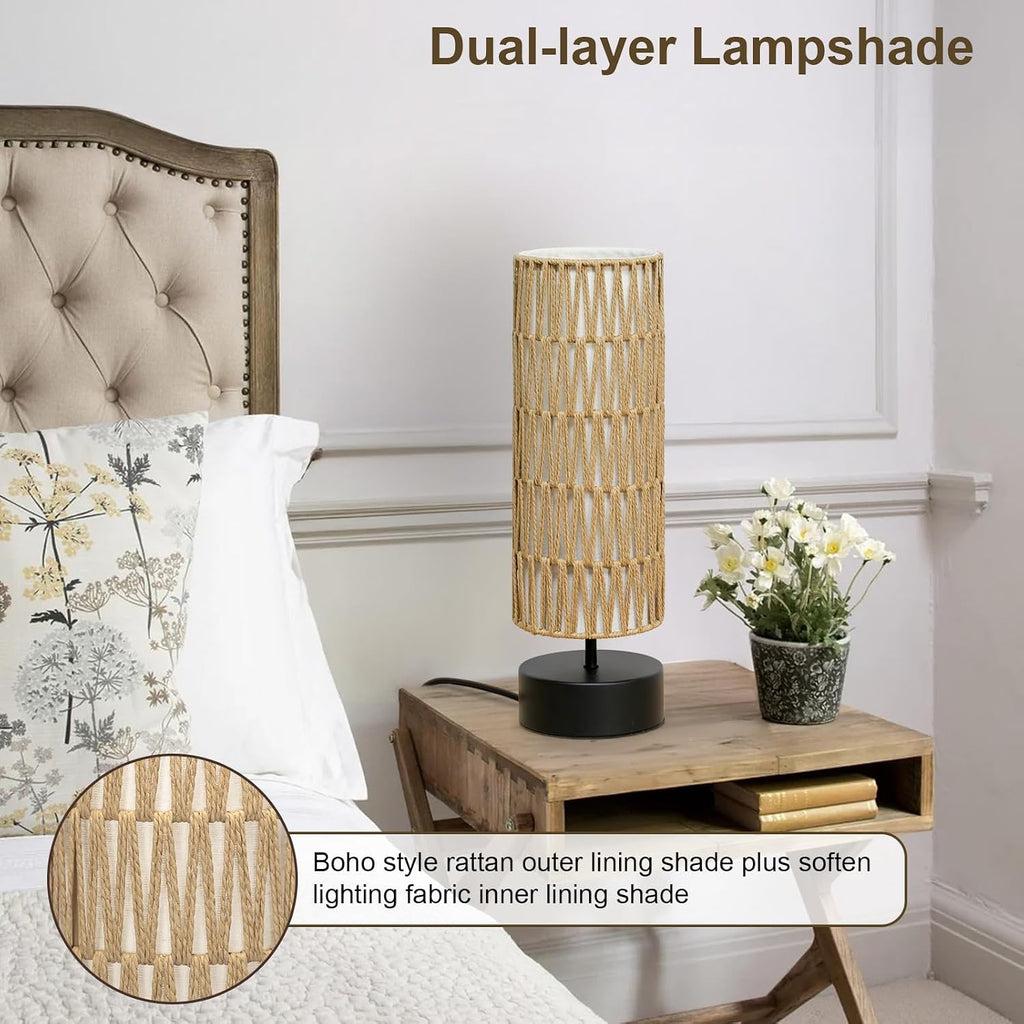 Rattan Table Lamp, Touch Control Bedside Table Lamp with Black Base, 3 Way Dimmable Nightstand Lamp with Dual-layer Shade, Boho Night…
