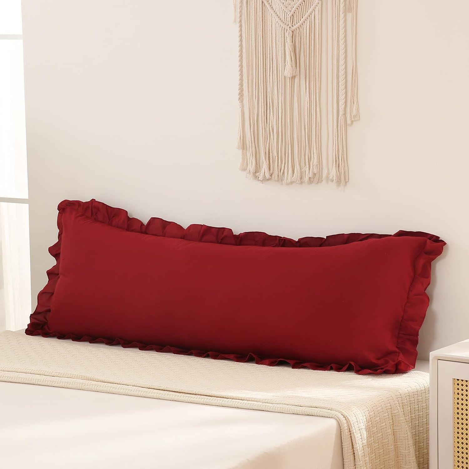 Merryword Burgundy Body Pillow Cover 20x54inches Long Pillowcase Ruffled Pillowcases Shabby Chic Ruffled Fringe Decor Body Ruffled Pillow S…