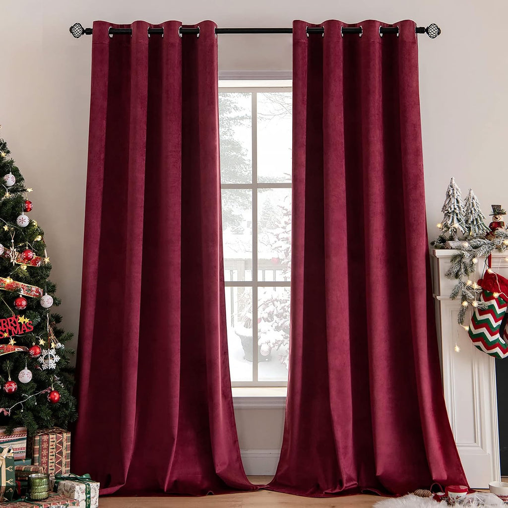 MIULEE Christmas Burgundy Velvet Curtains Solid Soft Red Blackout Curtain Grommet Top Thermal Soundproof Room Darkening…