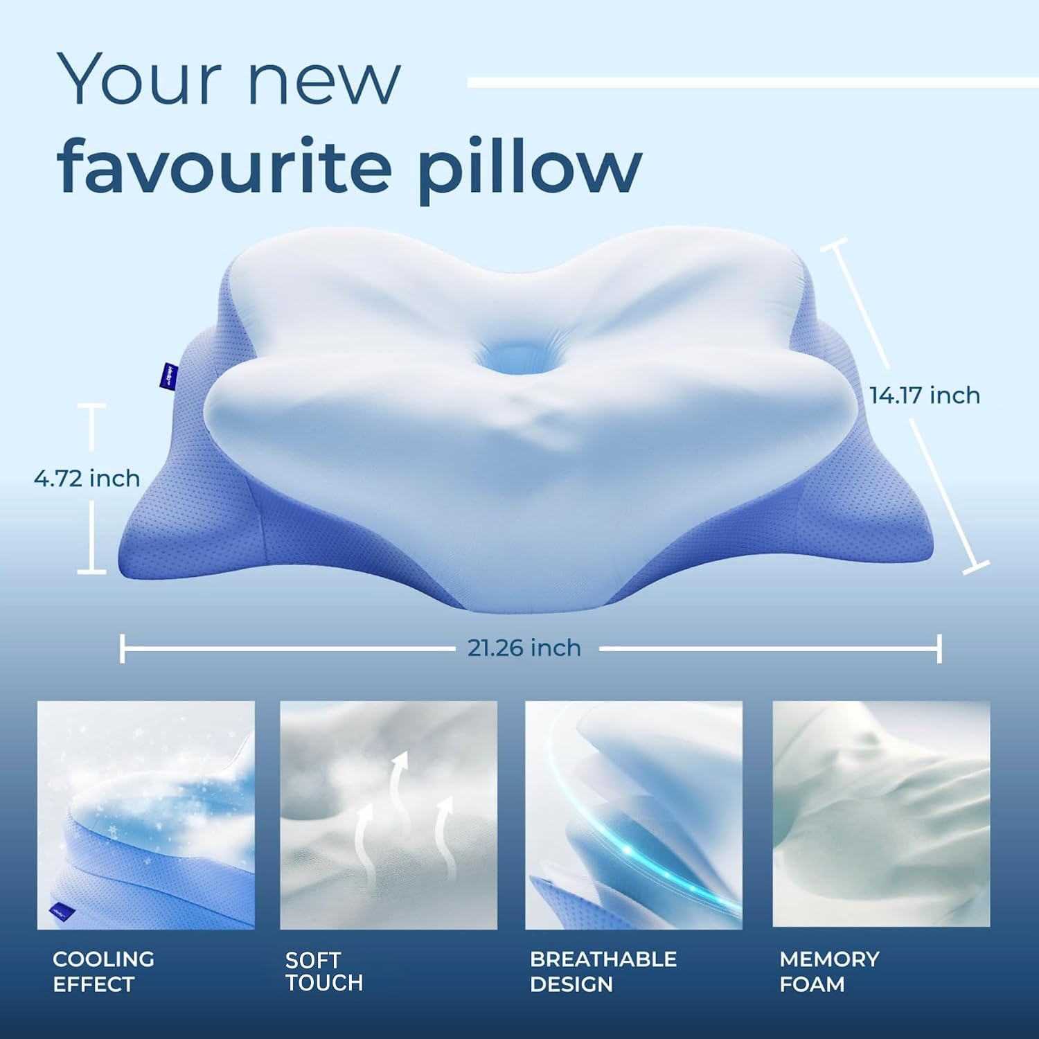 Derila Ergo Cervical Neck Pillow for Sleeping Pillow Contour Memory Foam Pillows for Back, Side Sleeper Pillows 21.25 x 14.17 x 4.72 inches