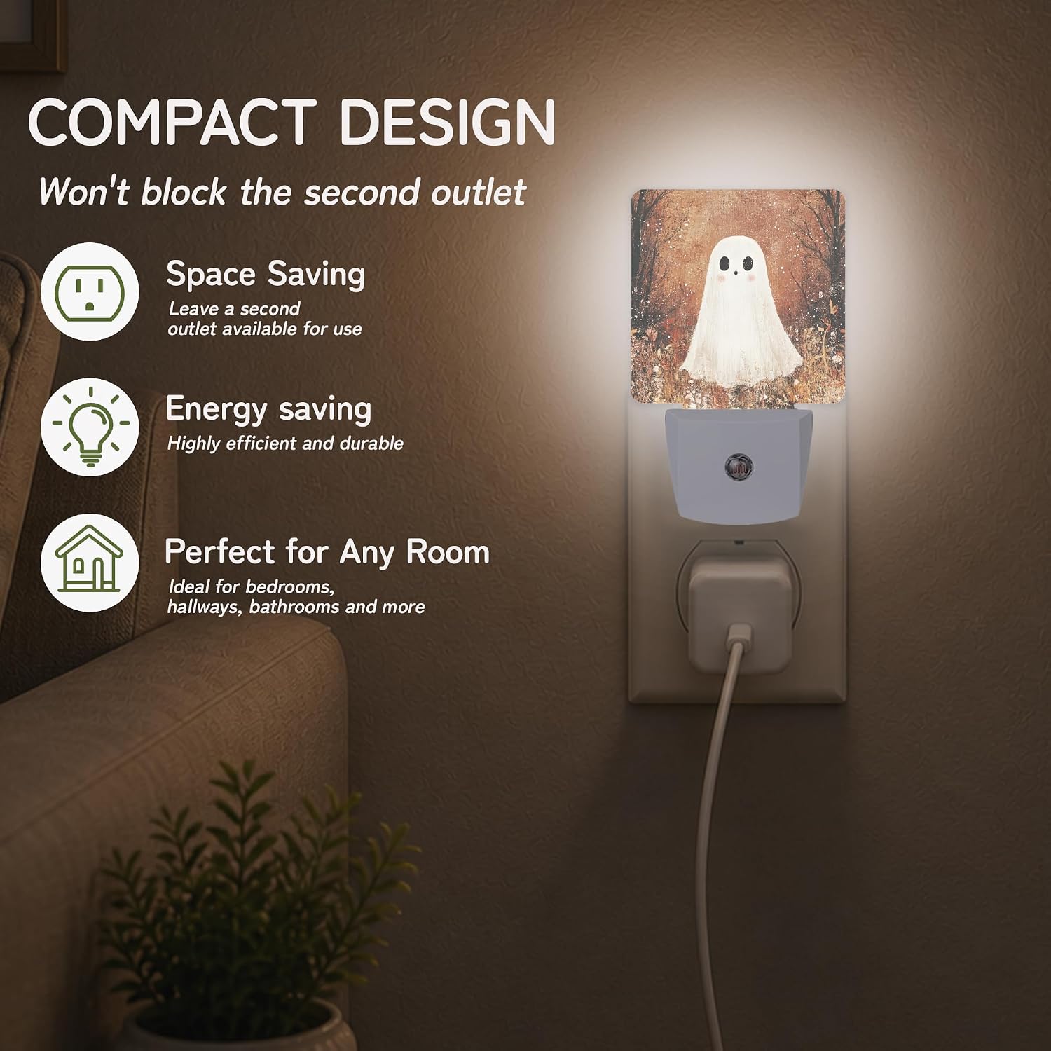 Cute Halloween Ghost Night Lights Plug into Wall, Night Light for Bedroom Bathroom Hallway Kitchen, Auto Dusk to Dawn Sensor Decorative…