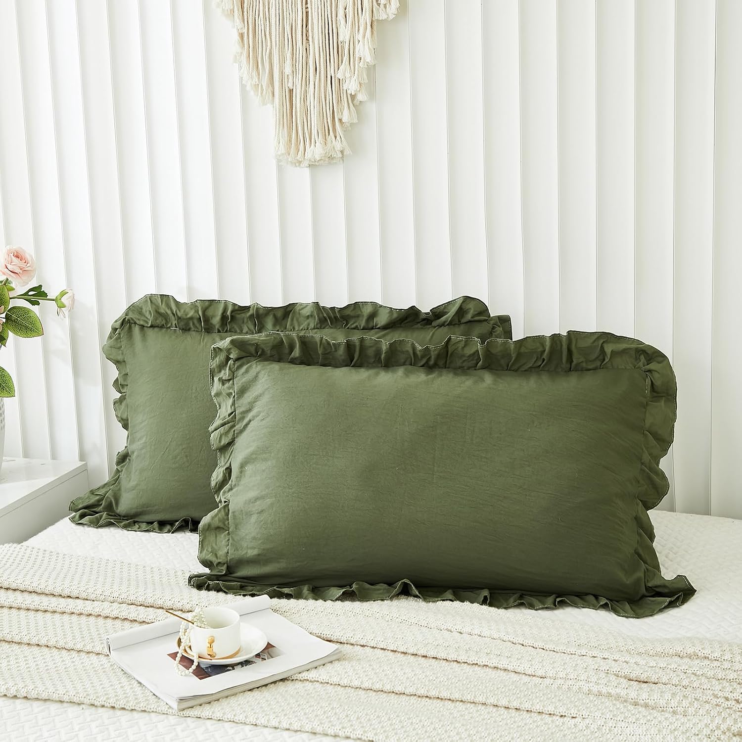 Merryword Shabby Chic Olive Green Ruffled Fringe Set of 2 Pillowcases - King (20''x36'') Green
