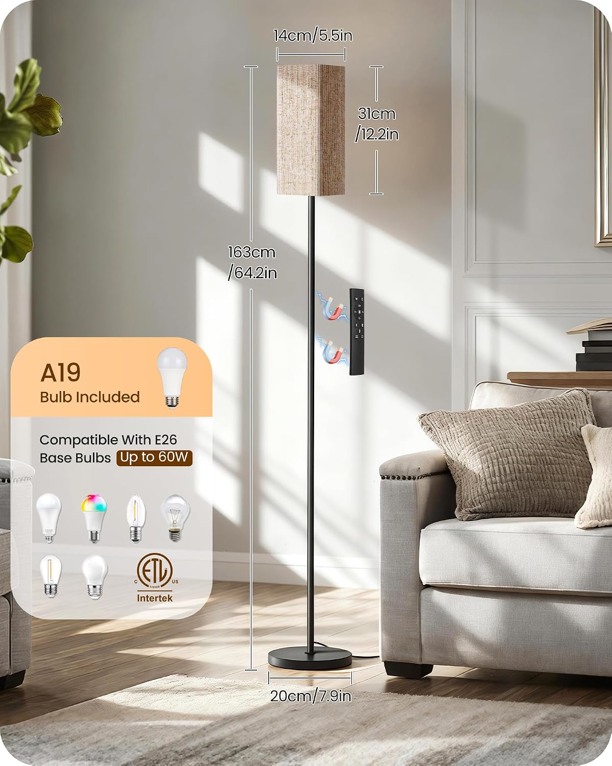 2Pack 64.2” Dimmable Floor Lamp for Living Room with Remote & Foot Switch, Corner Floor Lamp for Bedroom, Includes A19 Bulb, Modern…