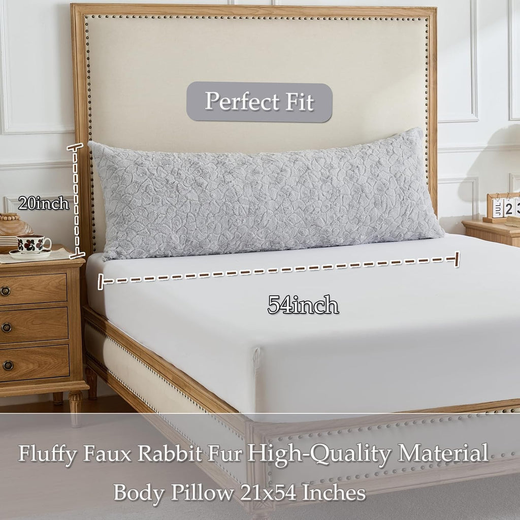 HKMR Fluffy Faux Rabbit Fur Body Pillow, Memory Foam Pregnancy Pillow for Side Sleep Body Pillow,20x54 Long Pillow for Adults-Light G…