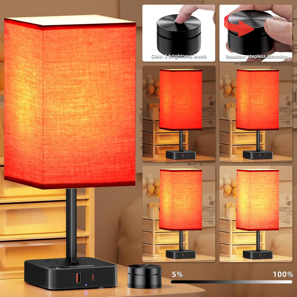 Bedroom Table Lamp with Remote Operation Control, Dimmable Bedside Table Desk Light with USB C+A Charging Ports 2 AC Outlets, Nightstand…
