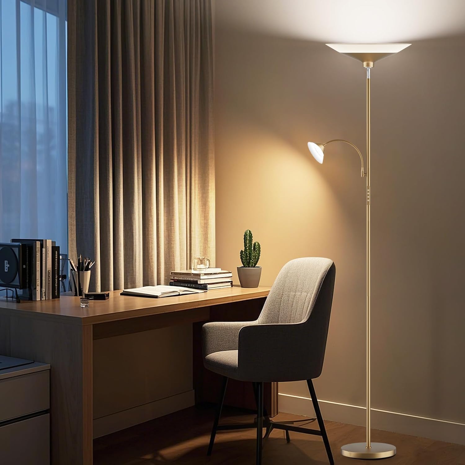 SIBRILLE Gold Torchiere Floor Lamp - 2 Way LED Standing Lamp with Reading Light, Dimmable 72'' Tall Lamp with Remote Color Changing, 34W…