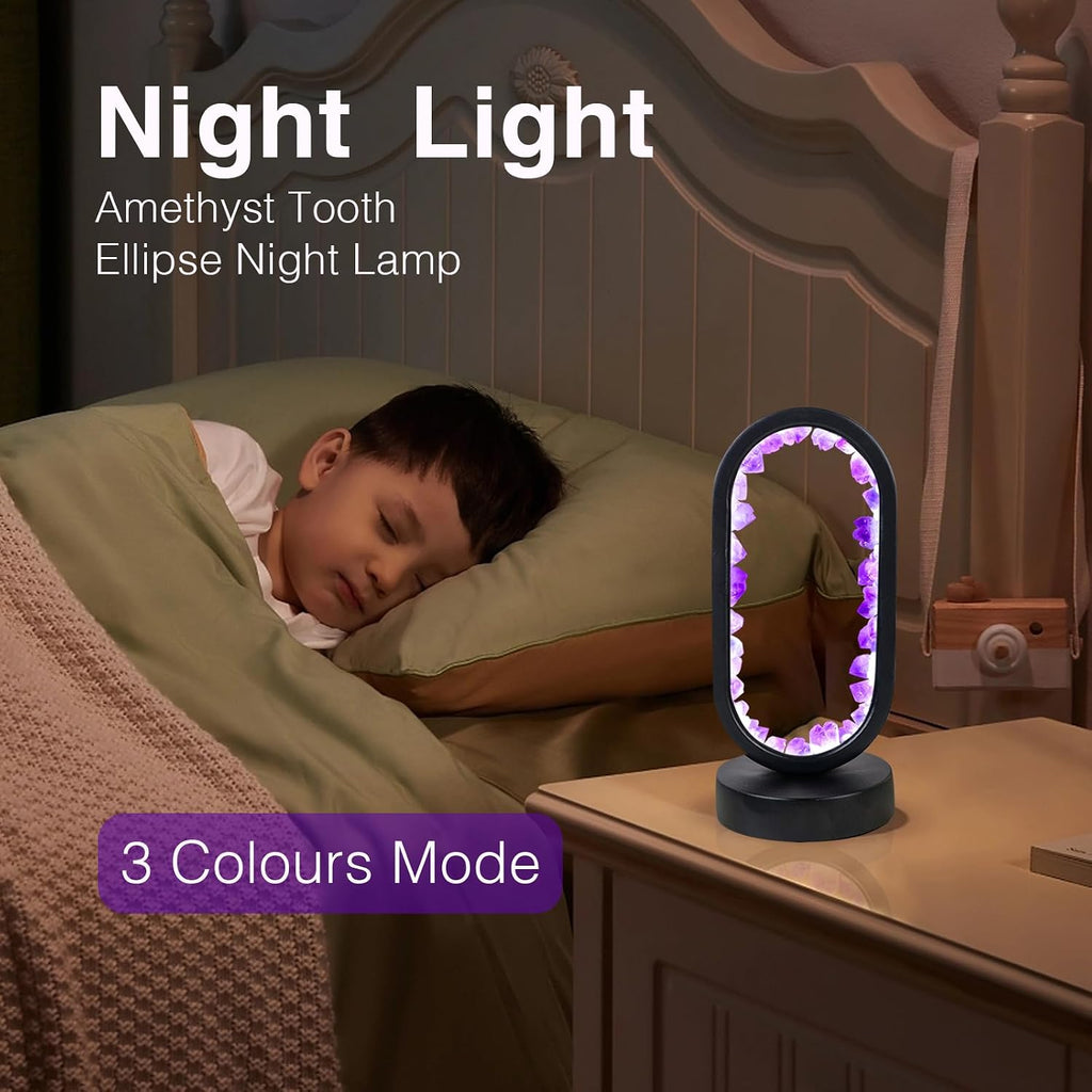 Runyangshi Crystal Lamp - Amethyst Tooth Ellipse Night Light with USB Port, 3 Colours Mode Table Lamp for Bedroom, Bedside, Office, Home De…