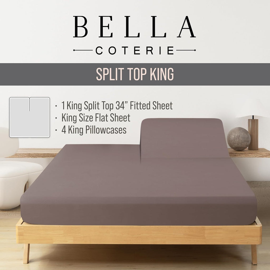 Bella Coterie 6 Piece Luxury Bamboo Viscose Split Top King Size Sheet Set | 34" Split for Adjustable Beds | 100% Organically Grown|…