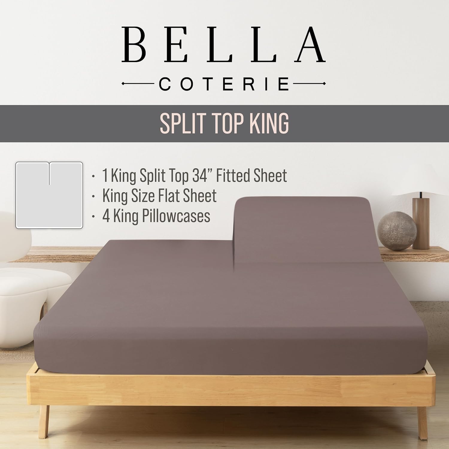 Bella Coterie 6 Piece Luxury Bamboo Viscose Split Top King Size Sheet Set | 34" Split for Adjustable Beds | 100% Organically Grown|…