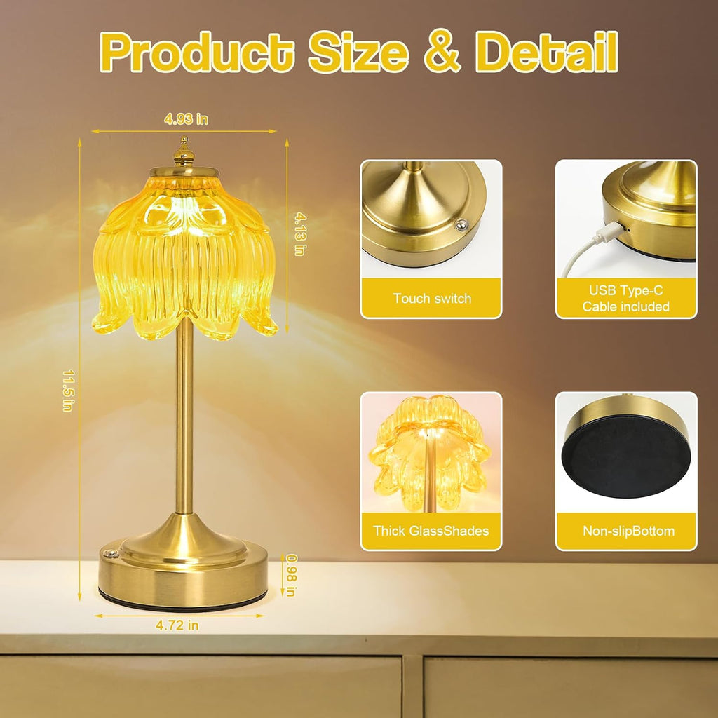 Crkwos Cordless Lotus Flower Table Lamp, 5200mAh Rechargeable Battery Operated Portable Lamp, 3-Color Dimmable Touch Control Small D…