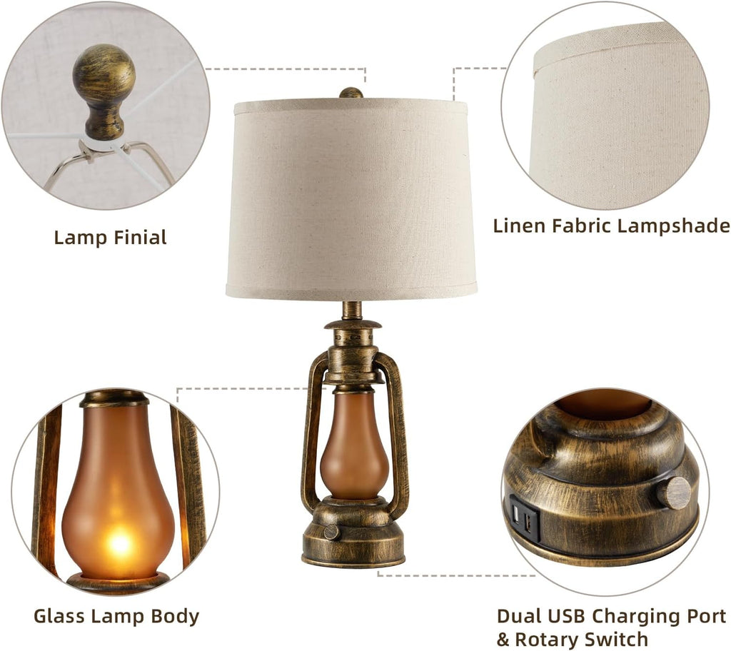 25" Set of 2 Rustic Lantern Table Lamps for Living Room Bedroom, 2 USB Ports Farmhouse Vintage Bedside Desk Lamp Nightlight for Entryway…