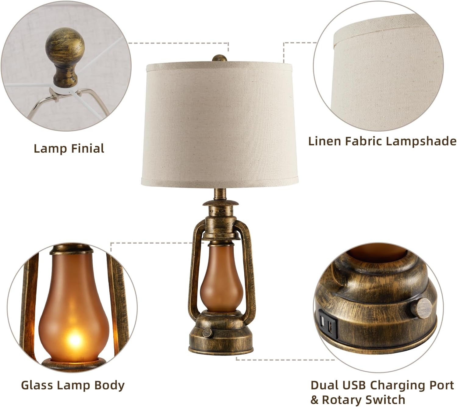 25" Set of 2 Rustic Lantern Table Lamps for Living Room Bedroom, 2 USB Ports Farmhouse Vintage Bedside Desk Lamp Nightlight for Entryway…