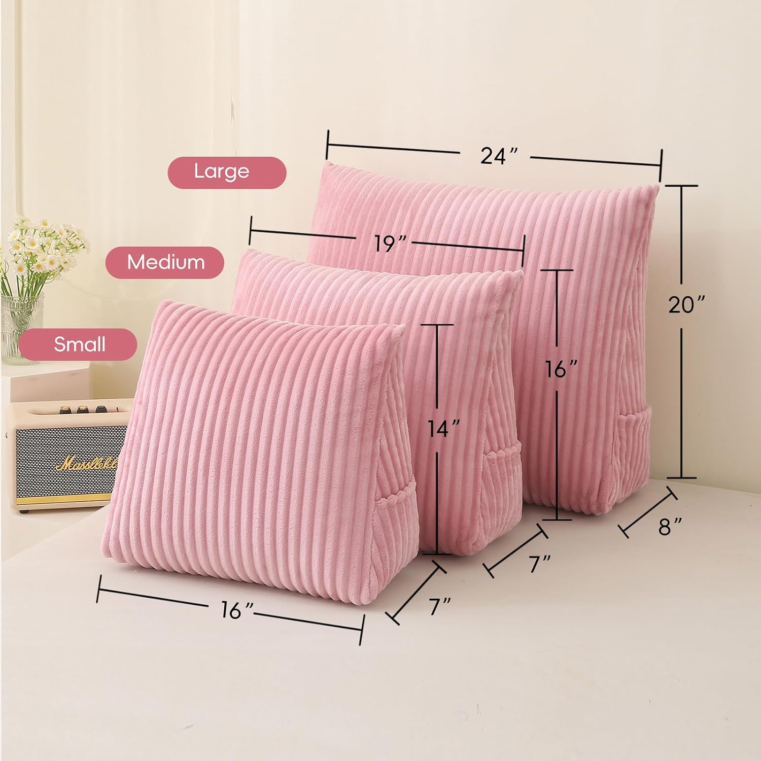 Corduroy Wedge Reading Pillow for Bed, 3 Sizes, 4 Colors for Bed, Sofa, Office Chair (Pink, Large 24 * 20 * 8in)