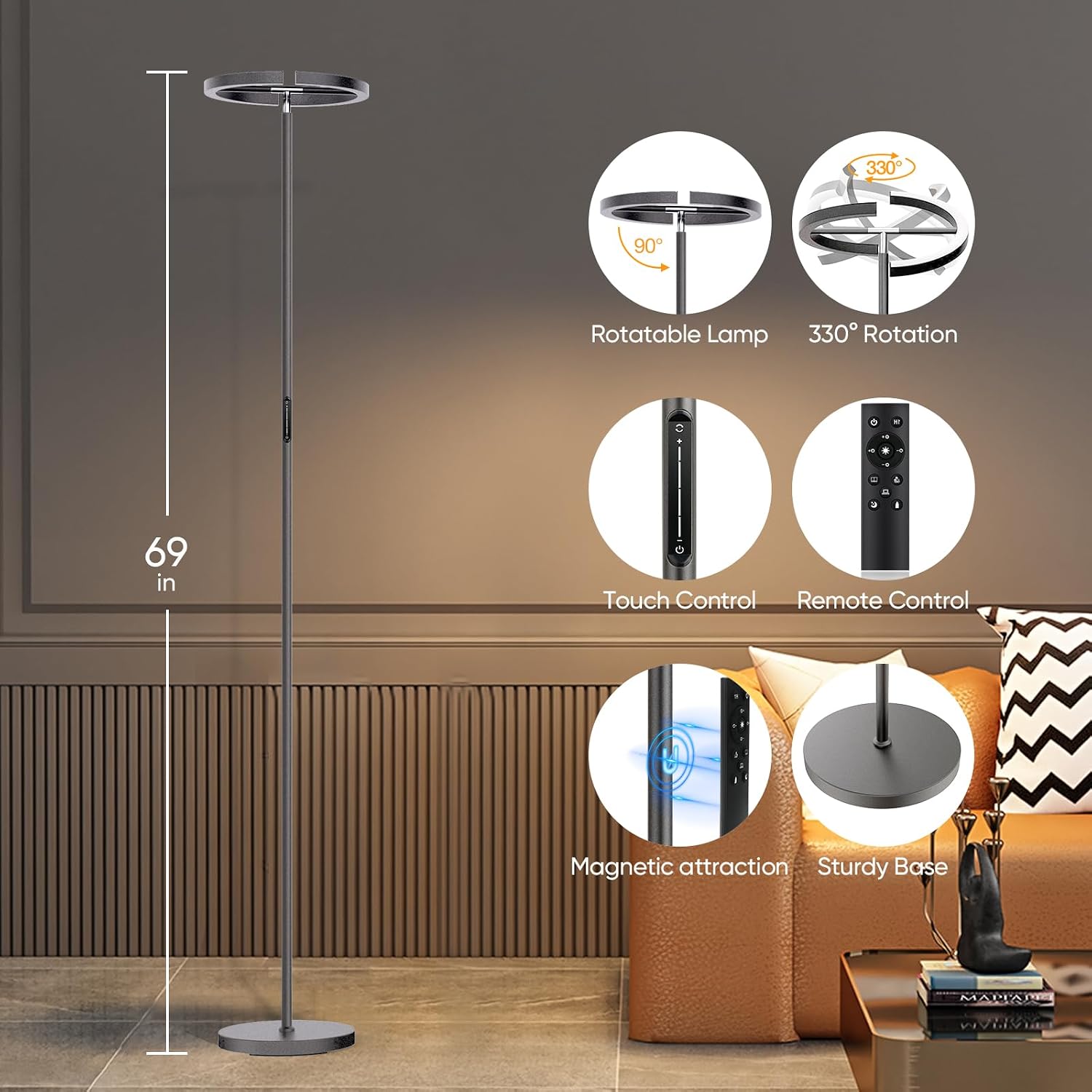 SIBRILLE Gunmetal Gray LED Floor Lamp - Rotatable Standing Lamp for Living Room Bedroom, 22W Dimmable Floor Readig Light with…