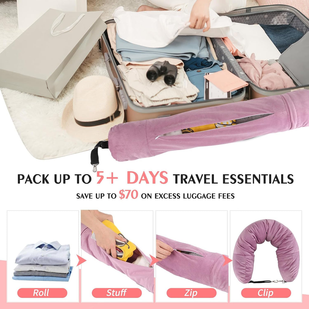 Stuffable Travel Pillow, Stuffable Neck Pillow for Travel, Neck Pillow Stuffed with Clothes Storage - No Extra Baggage Fees, Fits 5+ Days…