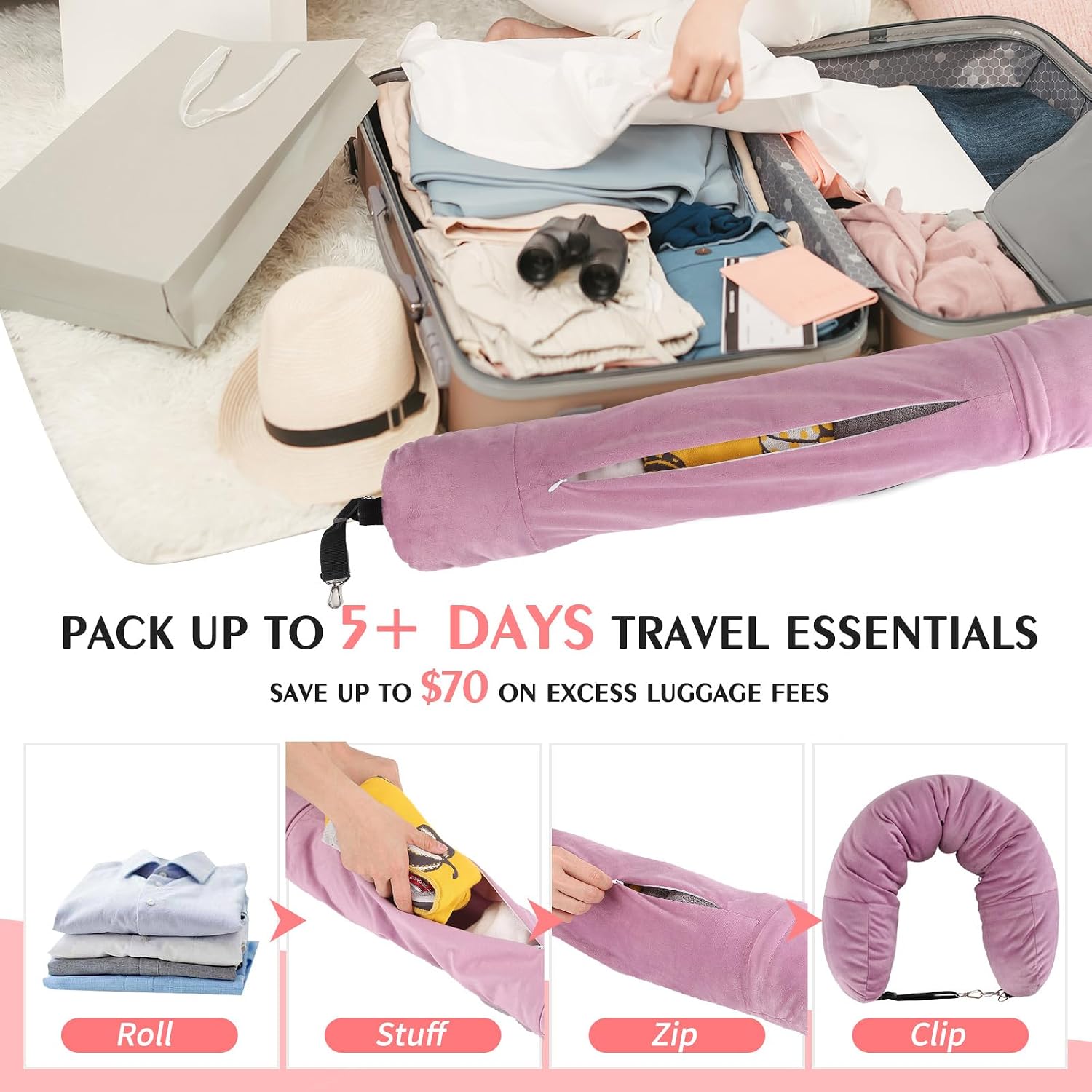 Stuffable Travel Pillow, Stuffable Neck Pillow for Travel, Neck Pillow Stuffed with Clothes Storage - No Extra Baggage Fees, Fits 5+ Days…