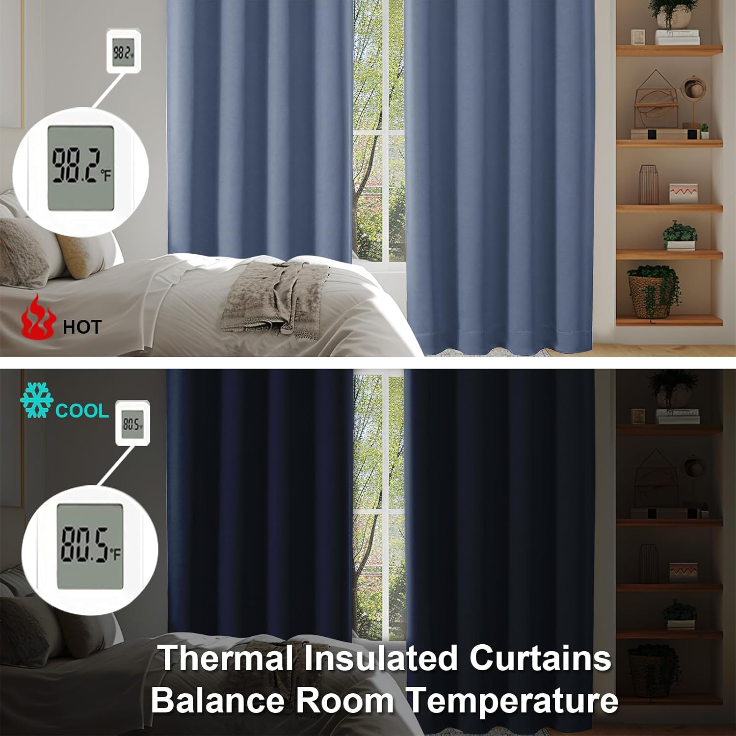 Simplebrand Ava Denim Blue Blackout Curtains for Bedroom 63 Inch Length 2 Panels, Solid Thermal Insulated Energy Saving Rod Pocket Window T…