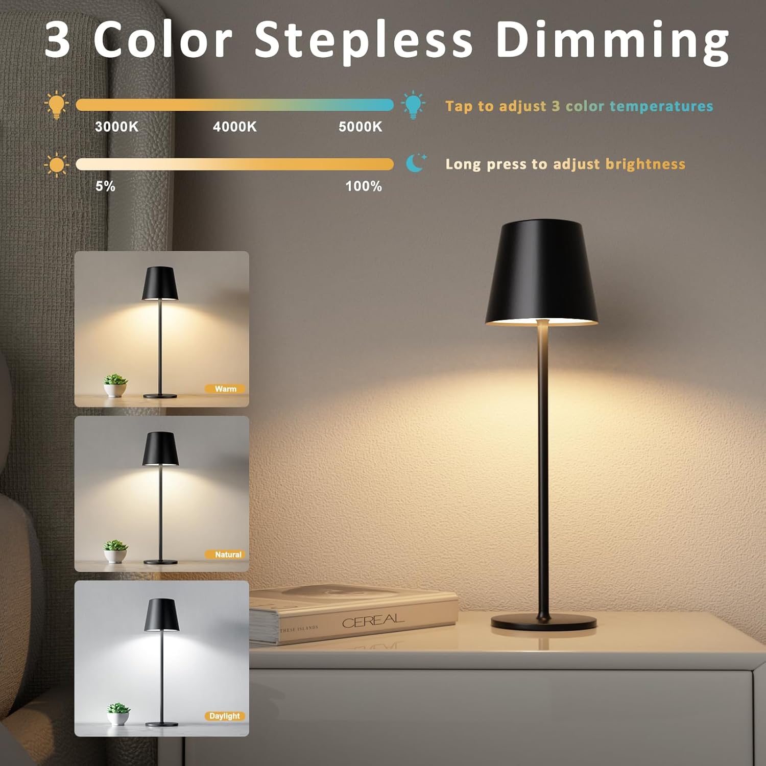 Kakanuo Cordless Table Lamp, 3 Color Stepless Dimming, 5000mAh Rechargeable Battery Powered, Outdoor LED Lamps, for Dining Room, Living…