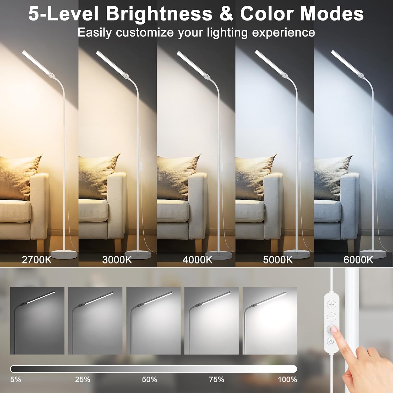 White Floor Lamp, 18W/2000LM Bright LED Floor Lamp for Living Room, Adjustable Gooseneck Dimmable Standing Office Task Lamp for Reading…