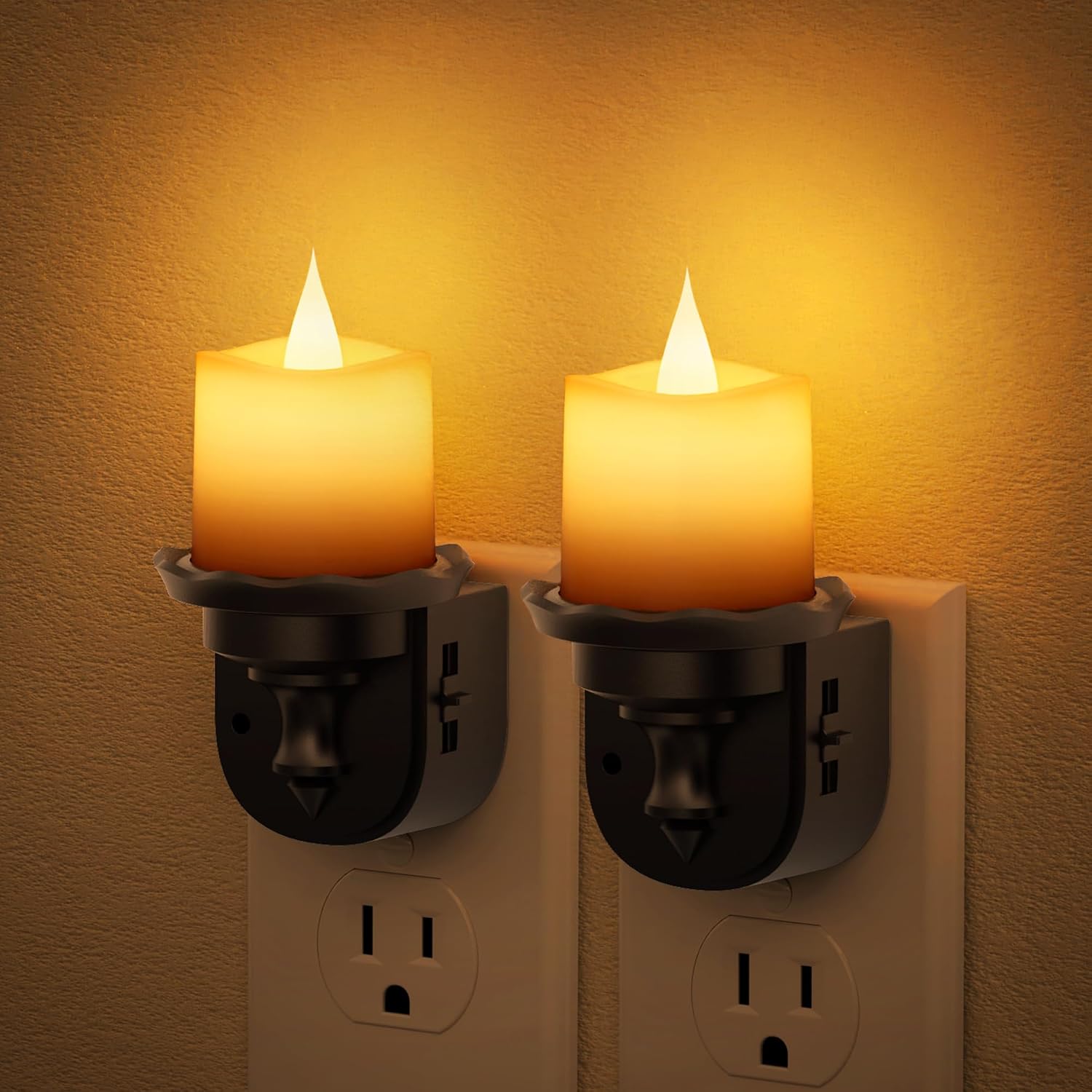JandCase Night Lights Plug into Wall, 2 Pack Flameless Flickering Electric Fake Candle Night Light with Dusk to Dawn Sensor, 3000K Soft…