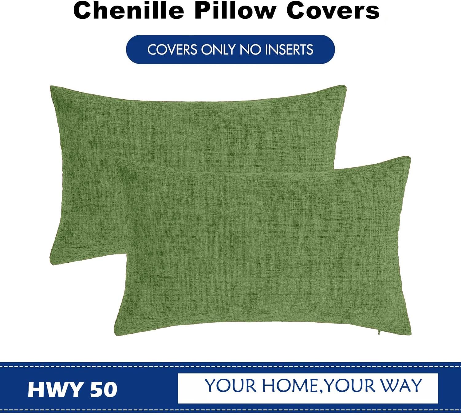 Hwy50 HWY 50 Forest Green Lumbar Pillow Covers 12x20 Inch Pack of 2, Soft Chenille Decorative Throw Pillow Covers Farmhouse for Spring Couc…