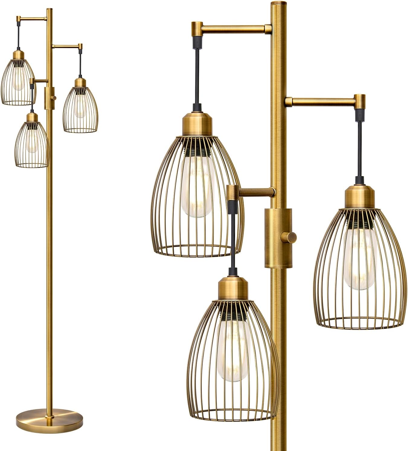 Dimmable Floor Lamp, Industrial Floor Lamps for Living Room, Antique Brass Tree Lamp Standing Lamp Tall Lamps with 3 Elegant Teardrop…