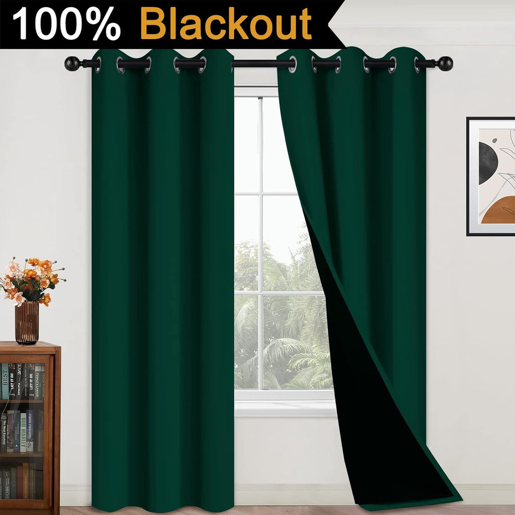 Yakamok 100% Blackout Curtains for Bedroom with Black Liner, Thermal Insulated 2 Layer Full Room Darkening Noise Reducing Grommet Blackout…