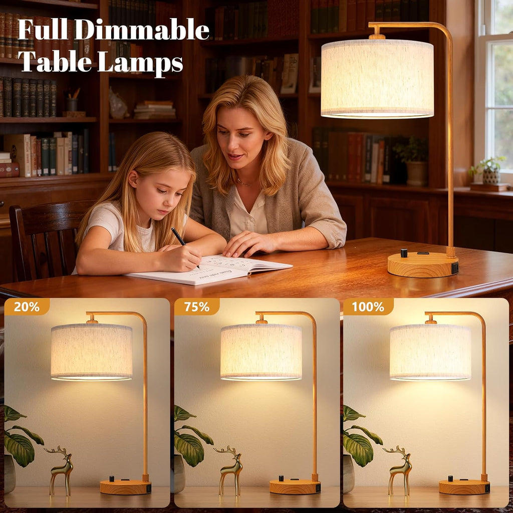 Innqoo Bedside Table Lamps for Bedroom Set of 2-Dimmable Nightstand Lamps with USB Port and Outlet, Modern Wood Lamps with Linen…