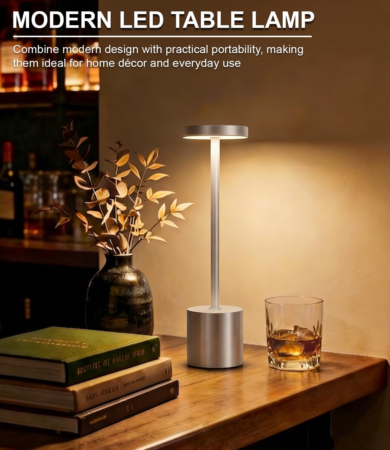 Silver Cordless Table Lamp Rechargeable - 2 Pack 5000mAH Battery Operated Lamp for Counter, 3 Color Stepless Dimming Waterproof LED…
