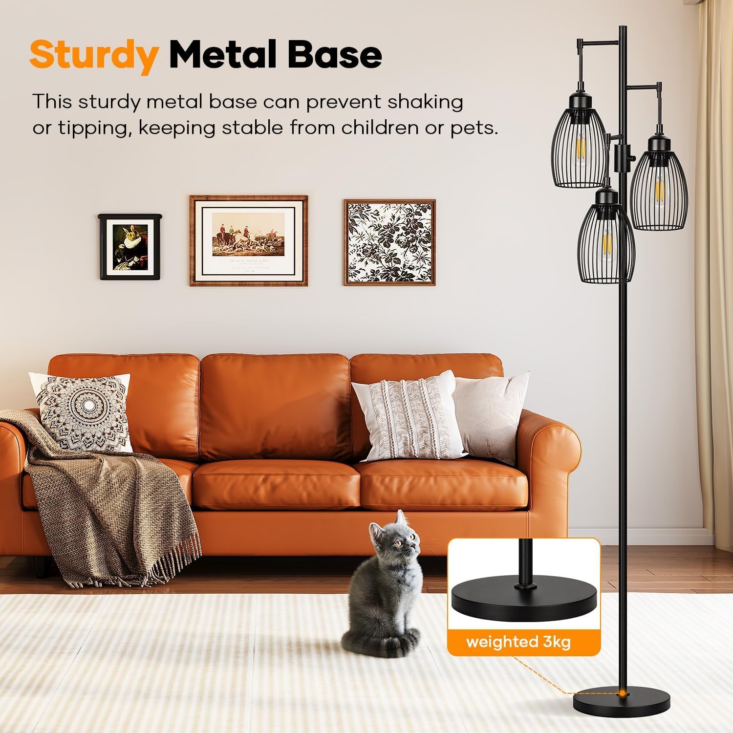 Dimmable Floor Lamp, 3 x 800LM LED Edison Bulbs Included, Farmhouse Industrial Floor Lamp Standing Tree Lamp with Elegant Teardrop Cage…